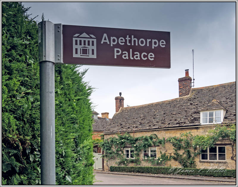 Sign to Apethorpe Palace, Apethorpe, Northamptonshire, England.